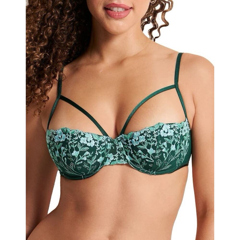 Adore Me Daphne Contour Balconette Bra Green Floral Lace Sexy 46DD Plus Size